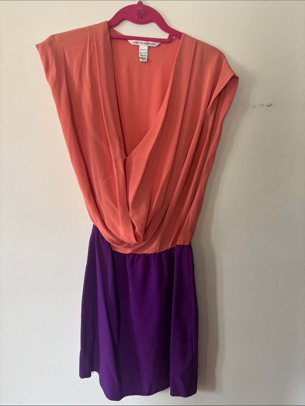 Diane Von Furstenberg Coral and Purple Draped Mini Dress